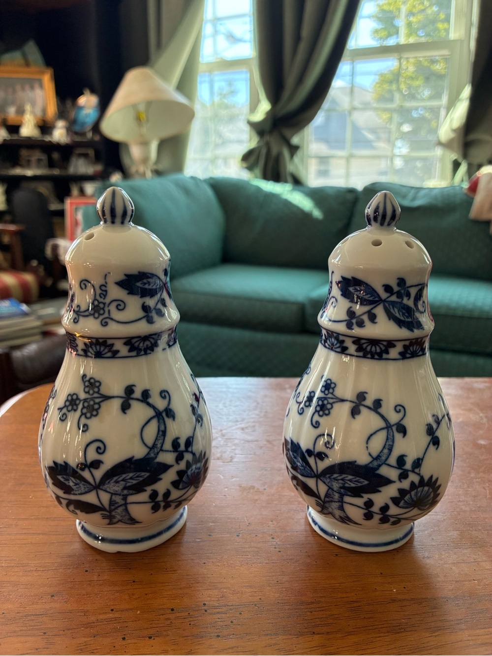 VTG Vienna Woods Blue and White Porcelain Salt and Pepper Shaker Set Blue Onion!